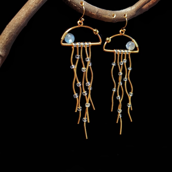Labradorite Jellyfish Earrings, Ocean-inspired Jewellery, Extra Long Dangle Sea Life Crystal Jewelry, Gift for Women.