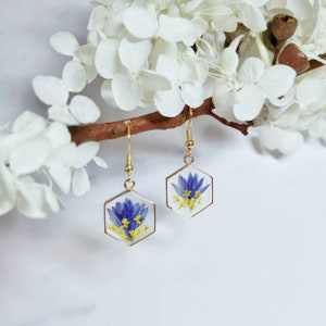 Blue flower resin earrings, Corn flower Earrings,Hexagon drop earrings, Real Flower Jewelry,Pressed flower earrings, Small dangle earrings.