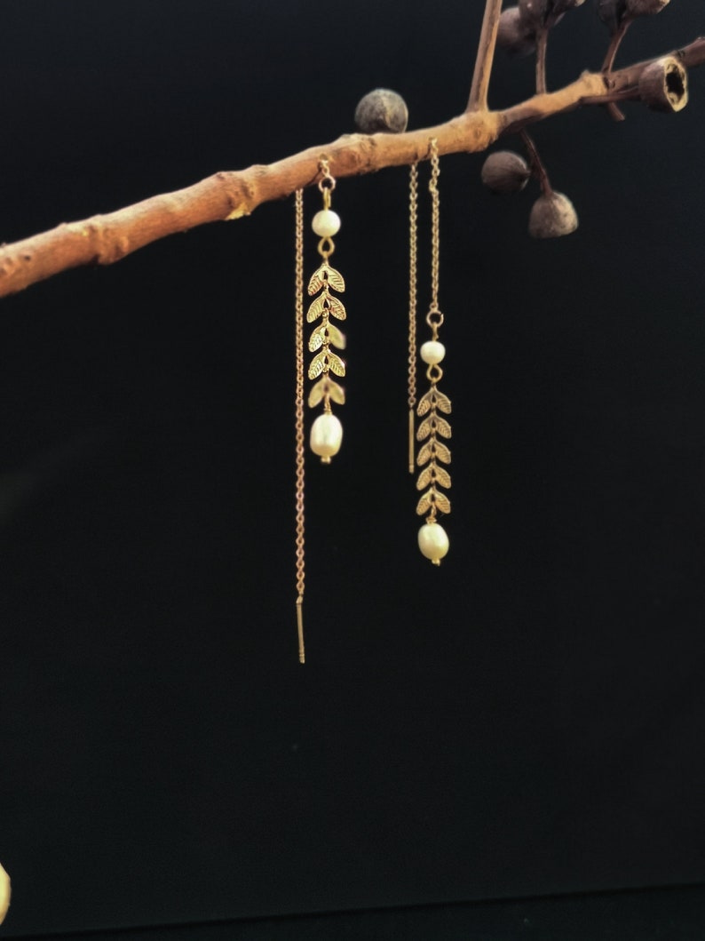 Minimalist Pearl Threader Earrings Bridal Leaf Earrings Gold Etsy
