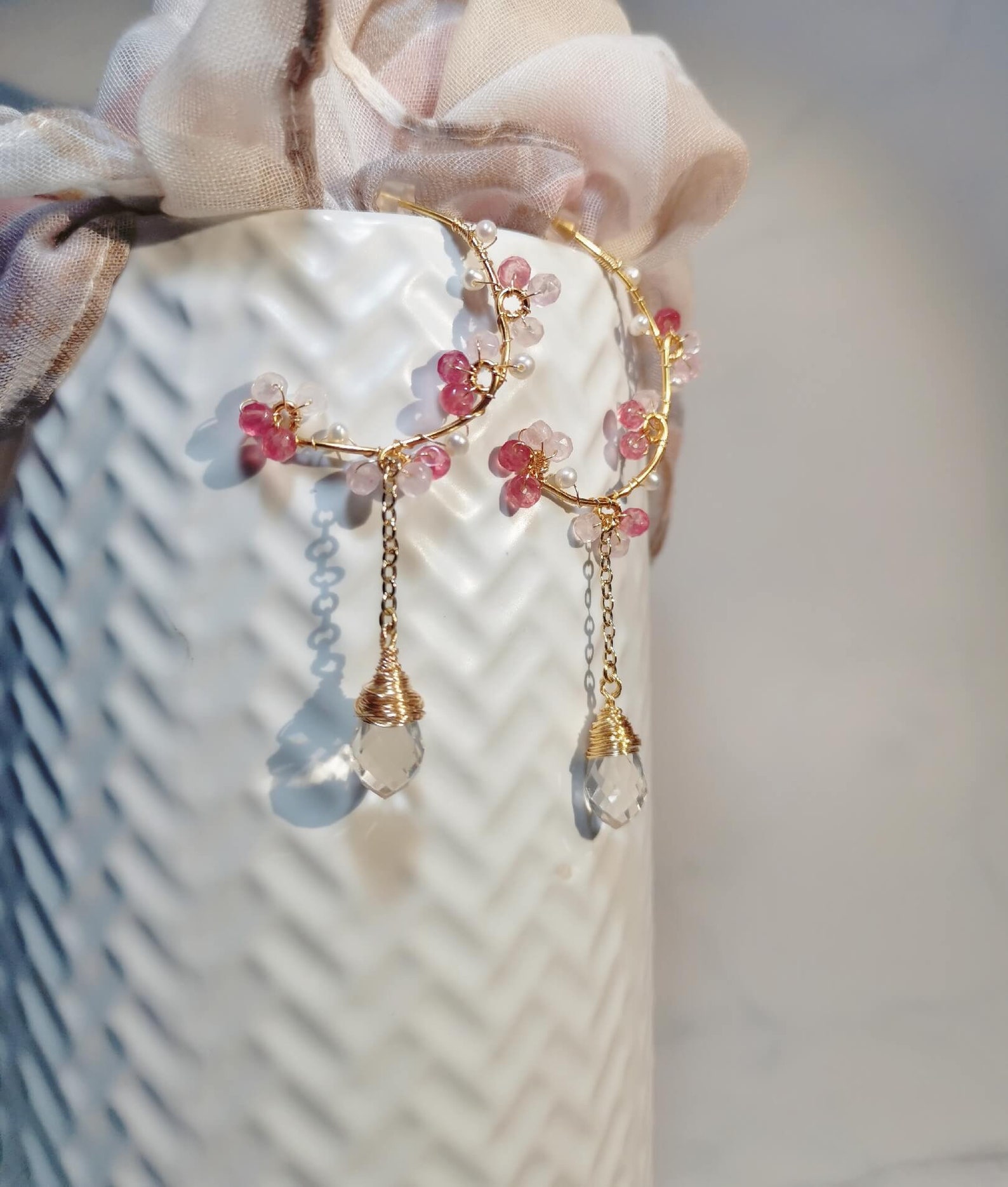 Pink Flower Earrings Pink Crystal Hoop Earrings With White Etsy