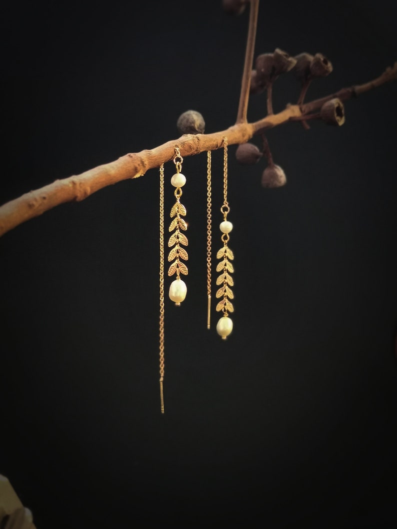 Minimalist Pearl Threader Earrings Bridal Leaf Earrings Gold Etsy
