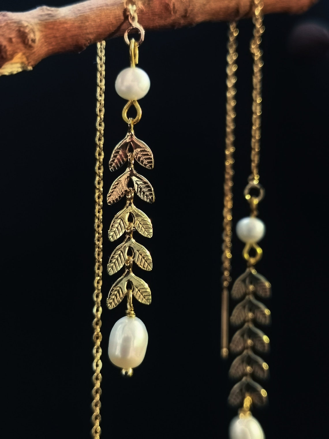 Minimalist Pearl Threader Earrings Bridal Leaf Earrings Gold Etsy