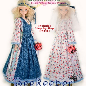May include: A sewing pattern for a beekeeper dress for a 23.5 inch doll. The pattern includes step-by-step photos and is designed for Mirai SMARTDOLL 1/3 SD BJD dolls. The dress is shown in two different fabric patterns, one with a blue floral design and the other with a white floral design.