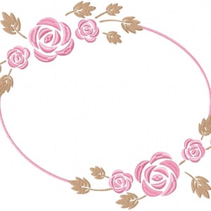 May include: A pink floral oval frame with brown leaves and pink roses. The frame is perfect for adding a touch of elegance to any project.