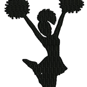 Könnte beinhalten: Schwarze Silhouette einer Cheerleaderin mit Pompons, die in die Luft gehalten werden.