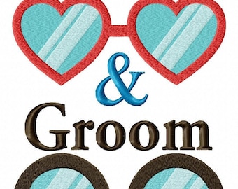 May include: An embroidery design featuring the red text Bride above a pair of red heart-shaped glasses with light blue lenses. Below is a blue ampersand, the brown text Groom, and a pair of brown round glasses with light blue lenses.