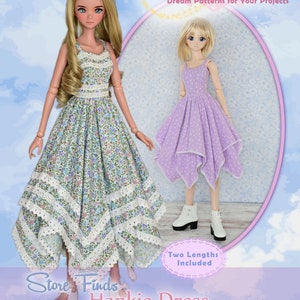 May include: A sewing pattern for a doll dress called "Hankie Dress" for 23.5 inch dolls. The pattern includes two lengths and step-by-step photos. The image shows two dolls wearing the dress in different colors and lengths.