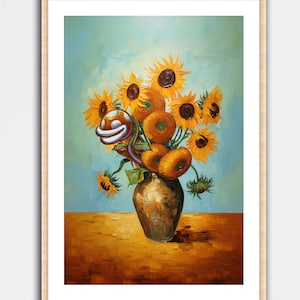 Puede incluir: Una pintura de un jarrón lleno de girasoles. El jarrón es marrón y los girasoles son amarillos con hojas verdes. El fondo es azul claro.