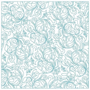 Peut inclure: Un motif floral bleu sarcelle sur fond blanc. Le motif est composé de volutes et de feuilles.