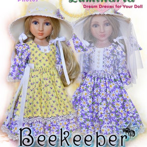 May include: A sewing pattern for a 16-inch doll dress called "Beekeeper". The pattern includes step-by-step photos and is part of the "Luminaria Dream Dresses for Your Doll" collection.
