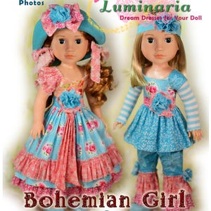 Patrón de vestido para muñecas de 14" WW Boho de Luminaria Designs. Rojo rubí, moda, chicas brillantes, corazones para corazones.