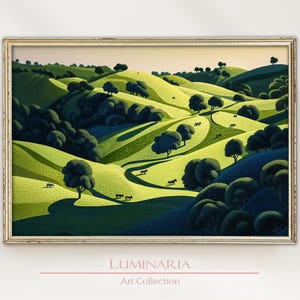 Eyvind Earle にインスパイアされた風景アートプリント 壁 ホームデコレーション ポスター 壁画 グリーン プレーリー ハイランド カウ 居心地の良い モダン ヴィンテージ シュール 油絵