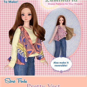 May include: A doll wearing a colorful vest, jeans, and a long-sleeved shirt. The image includes the text "Very Easy To Make!" and "Luminaria Dream Patterns for Your Projects." The sewing pattern is for a 23.5-inch Smart Doll Pear.