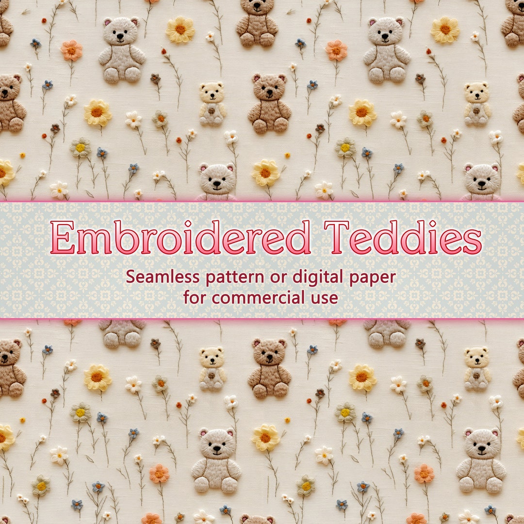 Seamless Pattern Digital Paper Digital Fabric Teddy Bears Roses Floral ...