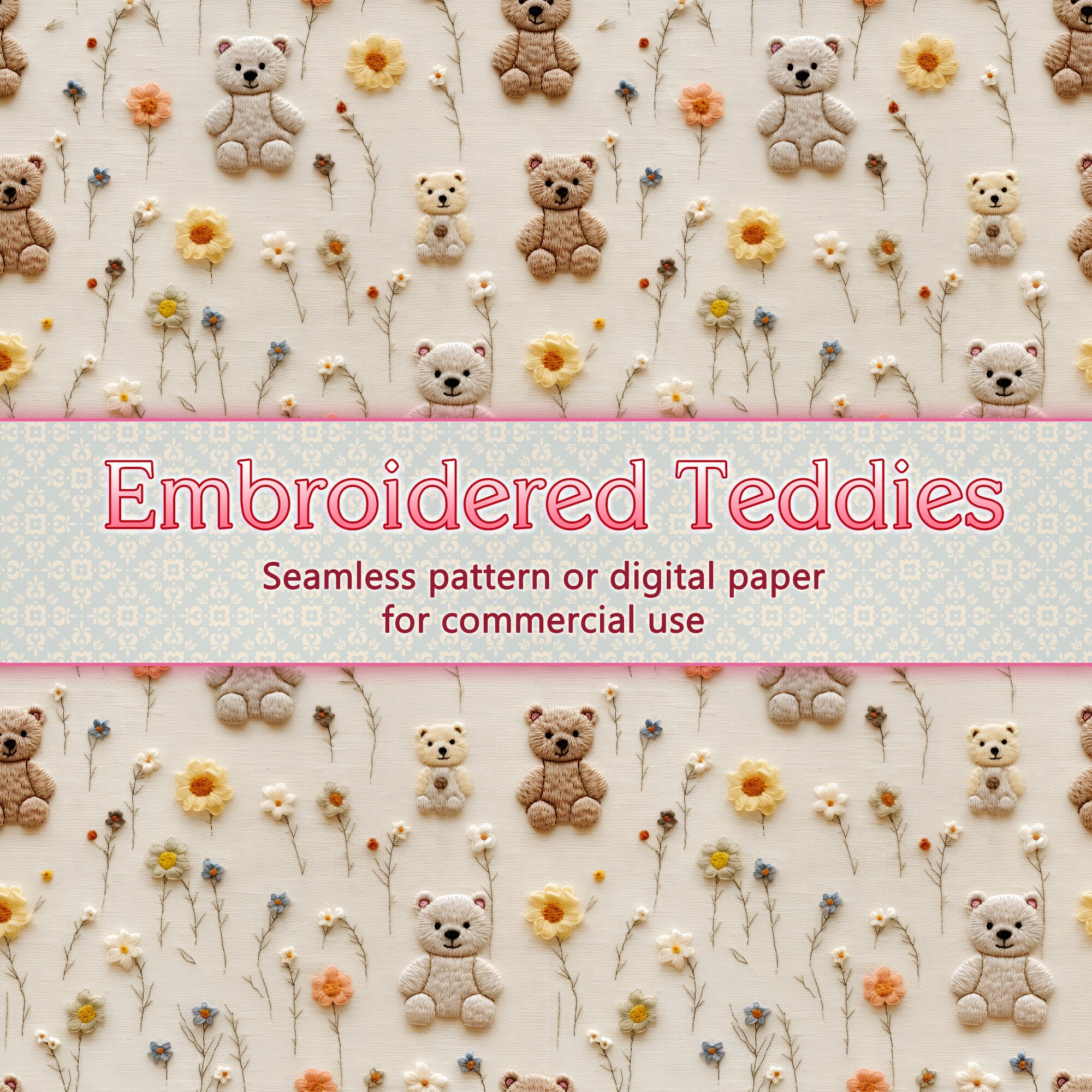 Seamless Pattern Digital Paper Digital Fabric Teddy Bears Roses Floral ...