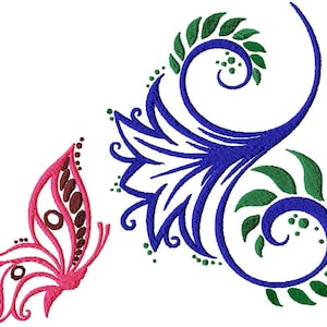 Puede incluir: Una mariposa rosa con detalles marrones vuela cerca de un diseño floral azul y verde.