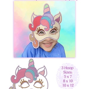 In the Hoop Unicorn Face Mask Embroidery Design Files 3 Sizes PDF Pattern ITH Little Pony Birthday Kids Children Girl Costume Cosplay Mask