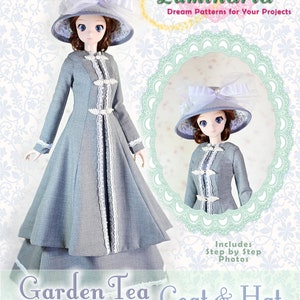 May include: A sewing pattern for a gray coat and hat for a 23.5 inch doll. The pattern includes step-by-step photos. The text on the image reads "Garden Tea Coat & Hat Sewing Pattern for 23.5" Mirai Smart Doll 1/3 SD BJD".