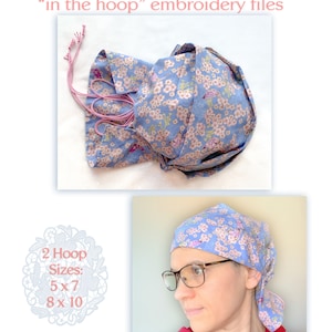 May include: A blue scrub cap with a floral pattern and pink ties. The cap is shown on a model and laid flat. The image includes the text "Scrub Cap", "Traditional sewing tutorial + "in the hoop" embroidery files", "2 Hoop Sizes: 5x7 8x10", and "Skill level: Intermediate".