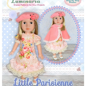 Patrón de vestido para muñeca en PDF para Little Parisienne de Luminaria Designs, talla WW de 14", color rojo rubí, con purpurina para niñas.