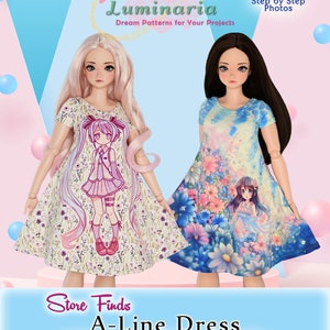 May include: A-line dress sewing pattern for 23.5 inch Smart Doll Pear size. The pattern includes step-by-step photos. The pattern features two dolls wearing different floral print dresses.