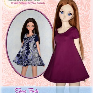 May include: A sewing pattern for a doll tunic, featuring a purple and a blue patterned tunic. The pattern is for a 23.5 inch doll and includes step-by-step photos. "Store Finds Lovely Tunic" is printed on the pattern.