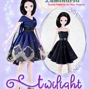 May include: Sewing pattern for a 23.5 inch Mirai Smart Doll 1/3 SD BJD. The pattern is called "Twilight" and features two dolls wearing different dresses. One doll is wearing a blue dress with gold lace trim and the other doll is wearing a black dress with a black belt.