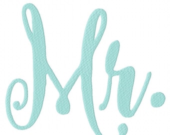 May include: An embroidery design featuring the text Mr. in a light mint green color. The lettering is rendered in a flowing, cursive script font with visible thread texture throughout the characters, including the period at the end.