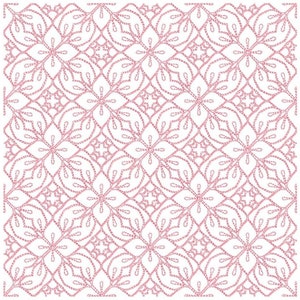 Pode incluir: Um padrão geométrico rosa e branco com um desenho repetitivo de flores e folhas estilizadas.