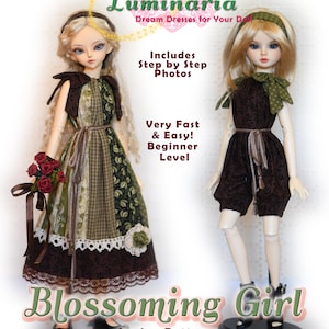 May include: A sewing pattern for a doll dress called "Blossoming Girl" for Fairyland Minifee & Ellowyne Wilde dolls. The pattern includes step-by-step photos and is described as very fast and easy, beginner level. Two dolls are shown wearing the dress in green and brown fabrics.
