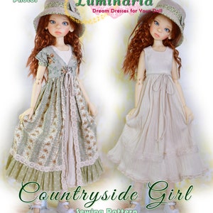 May include: A sewing pattern for a doll dress called "Countryside Girl" for 21.5 inch SD BJD Kaye Wiggs dolls. The pattern includes step-by-step photos. The image shows two dolls wearing the dress in different colors.