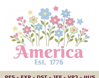 Machine Embroidery Design File USA 250 Patriotic 4th of July 1776 Rose Flower Floral Pattern Download dst pes jef & More
