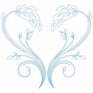 Peut inclure: Un motif de broderie bleu clair composé de deux branches symétriques en miroir qui se courbent vers le haut pour former un cœur. Le dessin est constitué de lignes piquées délicates et de petites feuilles, créant un motif botanique épuré.