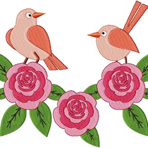 May include: Embroidered design featuring two pink birds perched on pink roses with green leaves. The birds have orange beaks and orange accents on their wings.