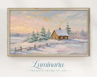 Frame TV Art 4K Snow Winter Country Cottage Christmas Holiday Modern Textured Impasto Digital Instant Download