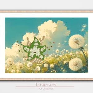 Op de afbeelding: Een fantasievolle illustratie van een groen-wit wezen met een glimlachend gezicht dat in een veld met witte paardenbloemen staat tegen een blauwe lucht met witte wolken. Het wezen is omringd door paardenbloemen waarvan sommige zaden in de wind waaien.