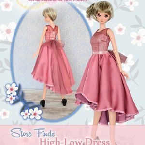 May include: A sewing pattern for a high-low dress for a 23.5 inch doll. The pattern includes step-by-step photos. The dress is pink with a lace overlay and a bow at the waist.