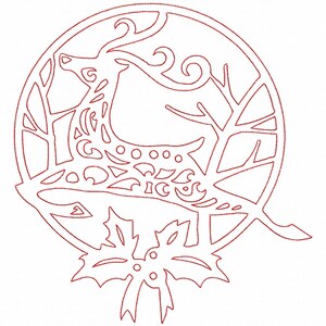 May include: A red line drawing of a stylized reindeer inside a circle with holly leaves and berries at the bottom.