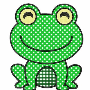 Può includere: Una rana verde con pois bianchi e una pancia a scacchi verde e bianca. La rana è seduta con le gambe incrociate e ha un grande sorriso.