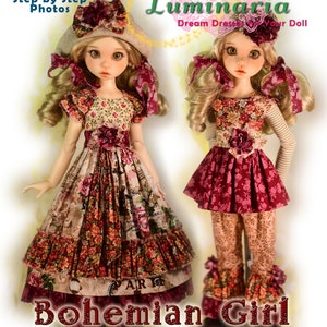 May include: A sewing pattern for a doll dress, called "Bohemian Girl", for MSD Kaye Wiggs dolls. The pattern includes step-by-step photos and is designed for a doll with long blonde hair.