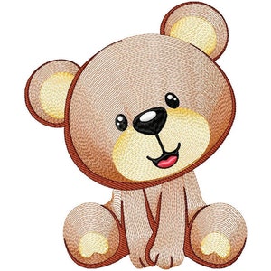 May include: A brown teddy bear with a big smile, sitting with its legs crossed. The bear has a yellow nose and small, black eyes.