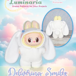 Patrón de costura en PDF para ropa de muñeca Labubu de 6.7 pulgadas, bonito atuendo de conejito, diseño de vestido Luminaria, llavero, bolso, dije para muñeca Pop Mart The Monster.