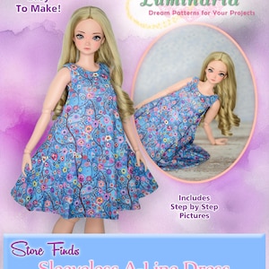 May include: A doll wearing a blue floral sleeveless A-line dress. The image includes the text "Very Easy To Make!" and "Sleeveless A-Line Dress Sewing Pattern for 23.5" Smart Doll Pear Size". The pattern is from Luminaria.