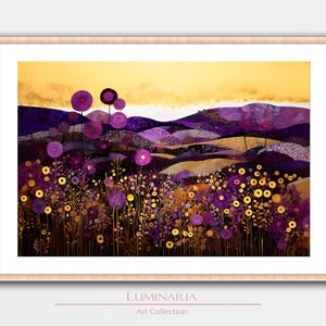Gustav Klimt Inspiriert Lila Landschaft Kunstdruck Wand Haus Dekor Poster Wandbild Mond Nacht Himmel gemütliches modernes Vintage Ölgemälde Bäume Holz