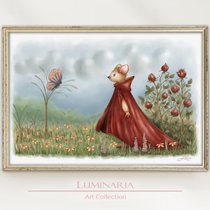 May include: A framed art print featuring a mouse in a red cloak, walking through a field of wildflowers towards a butterfly. The artwork has a whimsical style with soft colors and a dreamy landscape. The text "LUMINARIA Art Collection" is at the bottom.