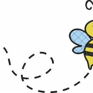 May include: An embroidered cartoon bee with a yellow head and body, black stripes, and light blue plaid wings. The bee has two black antennae and follows a curved, black dashed line path that loops across the bottom left of the frame.