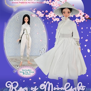 May include: A sewing pattern for a 23.5 inch smart doll, featuring a white dress with a wide, flowing skirt and a white hat. The pattern is called "Ray of Moonlight" and includes step-by-step photos.
