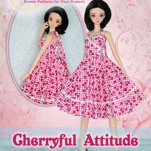 May include: A sewing pattern cover featuring two dolls in pink cherry-print dresses. The text reads "Cherryful Attitude" and "Sewing Pattern for 23.5" Smart Doll & Volks Dollfie Dream." Includes step-by-step photos.