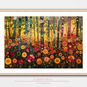 Gustav Klimt inspirado paisagem arte impressão parede decoração de casa pôster mural flores floral floresta aconchegante arte moderna vintage pintura a óleo árvores madeira