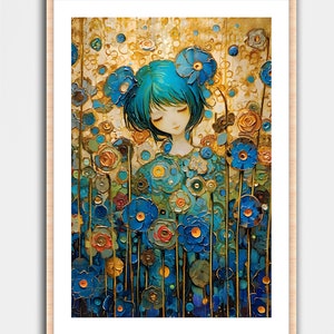 Gustav Klimt Inspired Floral Flowers Art Print Wall Home Decor Poster Mural Hatsune Miku Anime Sky Cozy Modern Art Vintage Oil Painting